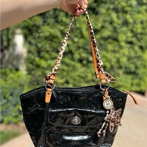 Coach Black Patent Leather Shoulder Bag with Leopard charms